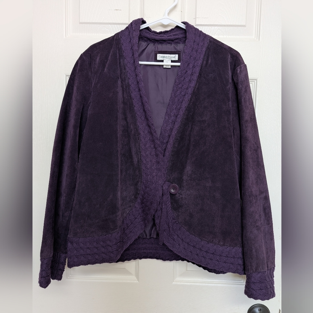 Coldwater Creek Womens Suede Leather Cable Knit Trim Purple Cardigan Jacket L